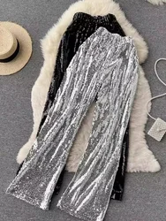 Biling Sequin Straight Pants Stage Party Night Shop Clothes Korean Chic Shiny Casual High Waist Slimming Wide Leg Trousers Women