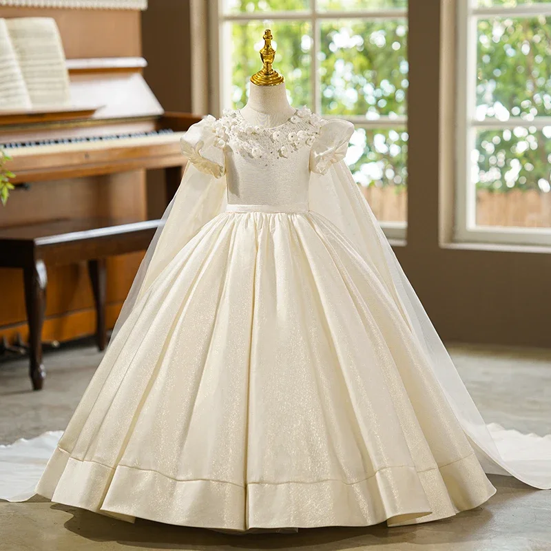 Girls Princess Party Dress with Long Train for Pageant Formal Evening Gown Flower Girl Dresses Host Piano Performance Birthday