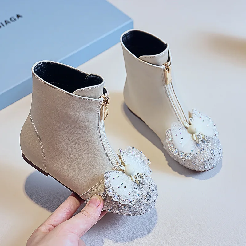 New Autumn Winter Kids Princess Boots Children Bow Fashion Boots Girl Rhinestone Rabbit Toddlers Leather Boots for Wedding Party