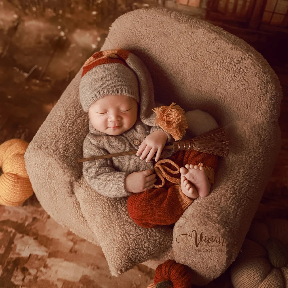 Newborn Photography Props Halloween Theme Cute Knitted Baby Costume Magic Broom Knit Pumpkin for Photo Studio Shoot Decor Props