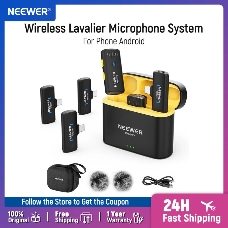 

NEEWER Wireless Lavalier Microphone System For iPhone, Mini Clip on Lapel Mic Set with 2 USB C Transmitters/4 Receivers