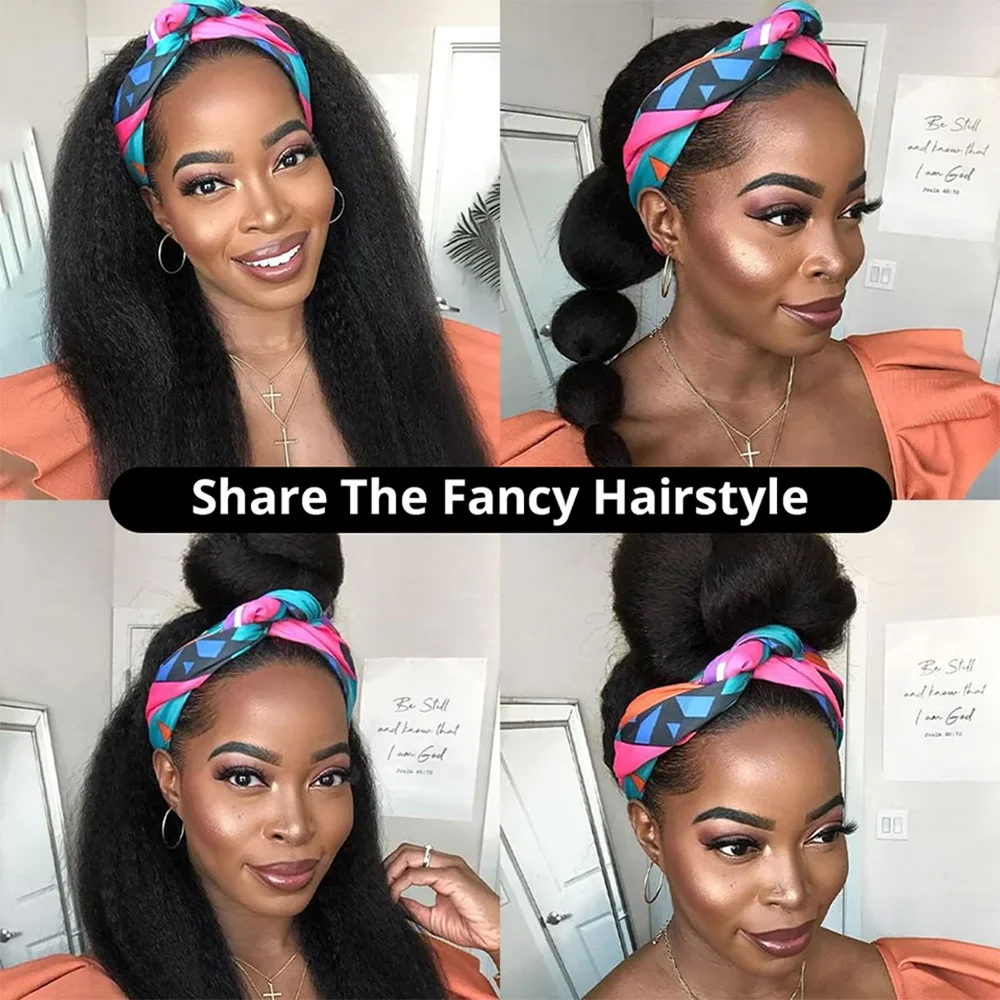 Wig bando lurus Kinky Wig rambut manusia Remy siap untuk dipakai Wig rambut manusia ikat kepala lurus Yaki Brasil untuk wanita