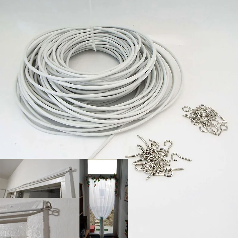 1M 2M 3m PVC Window Cord Cable Net Curtain track Wire White Windows wall hanging Line with HOOKS EYES For  car Caravans Boats