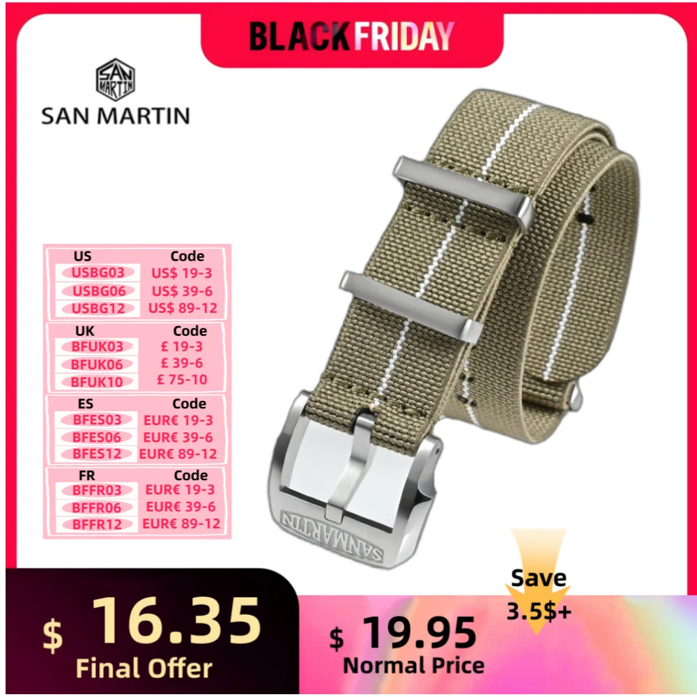 San Martin Nylon Watch Strap Quality 20mm Watchband Elastic Self-Made Logo Pin Buckle Solid Loops Durable Sweat Absorbent BD0004