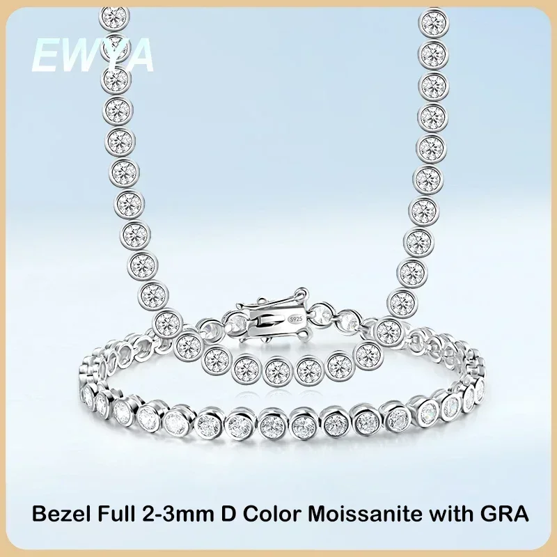 EWYA Sparkling Real Bubble 2/3mm D Color Full Moissanite Tennis Necklace for Women S925 Silver All Diamond Neck Chain Necklaces