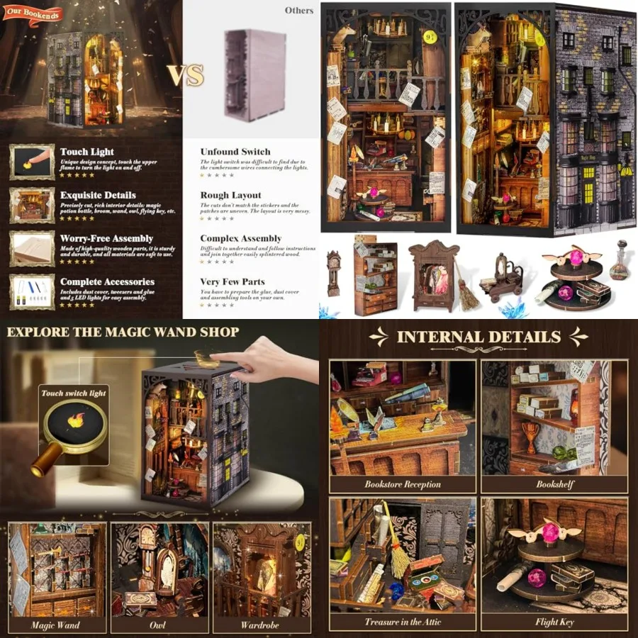 

DIY Book Nook Kit, 3D Wooden Puzzle Miniature Booknook Bookend Bookshelf Decor with LED Light, Dust Cover, Book Nook Kits for A