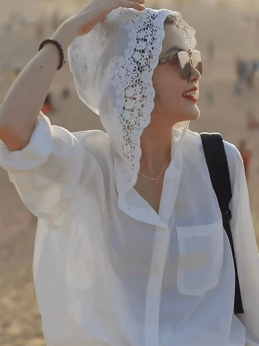 

Женская шикарная свободная рубашка-туника с вышивкой, цветочным узором и вырезами, универсальный топ в корейском стиле, хлопковая, с длинными рукавами, на пуговицах