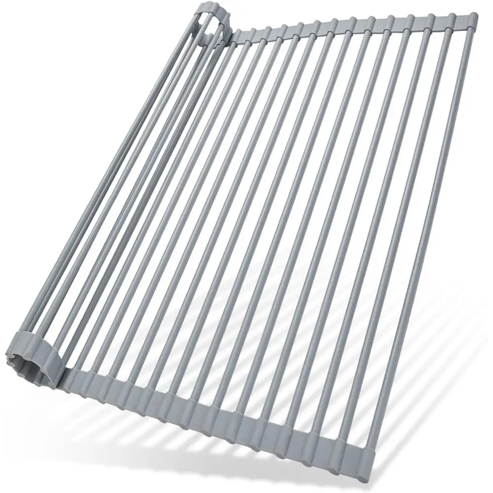 

Over Sink Dish Drying Rack, Silicone Wrapped 17.6" W x 15.4" L Large Over The Sink Roll Up Dish Drainer - oldable Sink Drying Ra