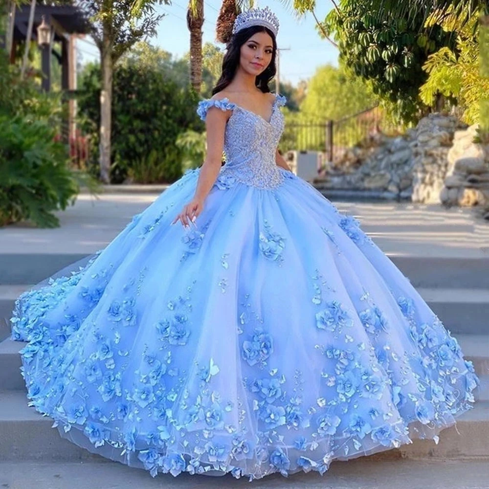 Robe de mariée en tulle bleu ciel avec appliques 3D, robe de Rhen dentelle, robe de Quinceanera, robe de reconstitution historique d'anniversaire, robe Sweet 15, col en V