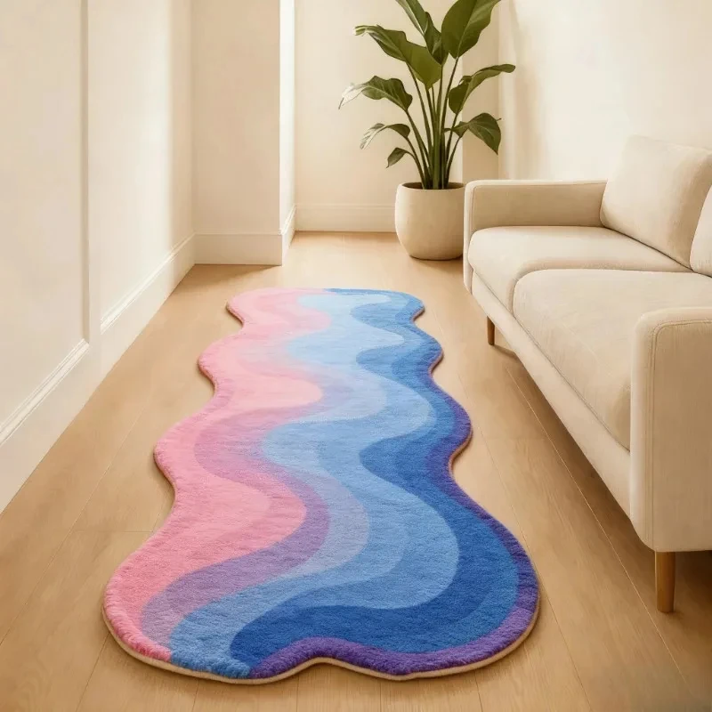 VIKAMA Wavy Irregular Rainbow Runner Rug Gradient Color Wave Stripes Soft Fluffy Non Slip Hallway Bedroom Bedside Floor Mat