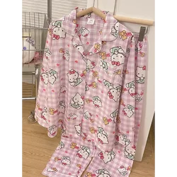 Sanrio hello kitty pijamas de seda feminino verão algodão longo dos desenhos animados conjunto de duas peças pijamas femininos homewear calças conjunto