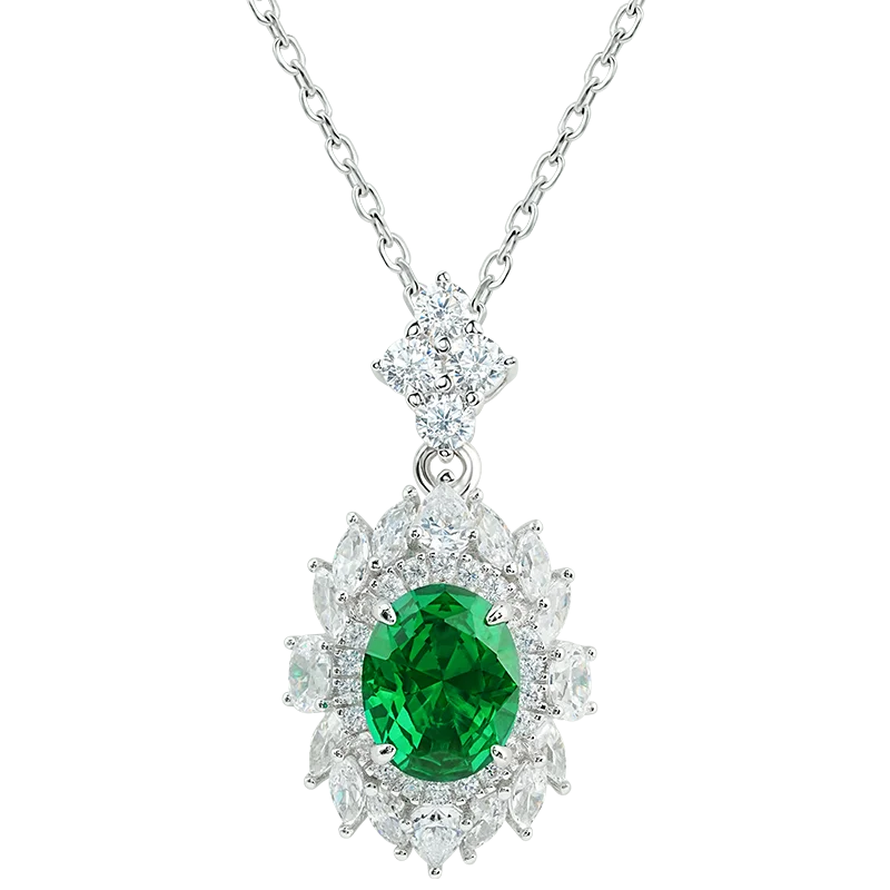 Emerald Gemstone Necklace for Women Mom Lab Created CZ Oval Cut Birthstone White Gold Plated S925 Sterling Silver Birthday