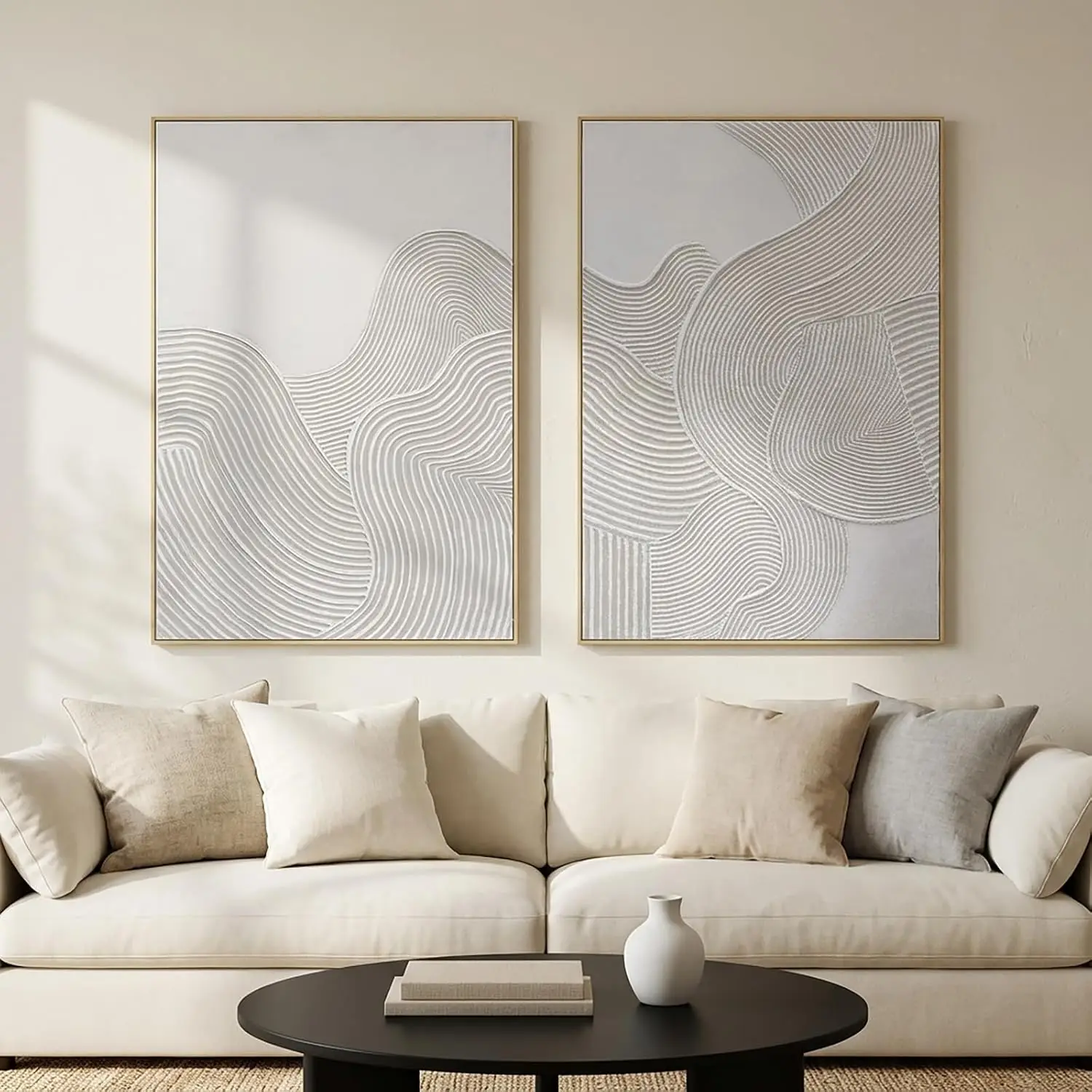 Neutral Abstract 3D Textured Hand Painted Thick Wall Art 28x40x2 Large Framed Canvas Wall Decor Curve Illustrations Living Room