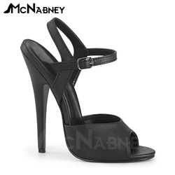 Black Matte Pu Leather Sandals Extreme Stiletto Sexy High Heels Peep Toe Buckle Summer Shoes Classic Style Ankle Strap Sandals