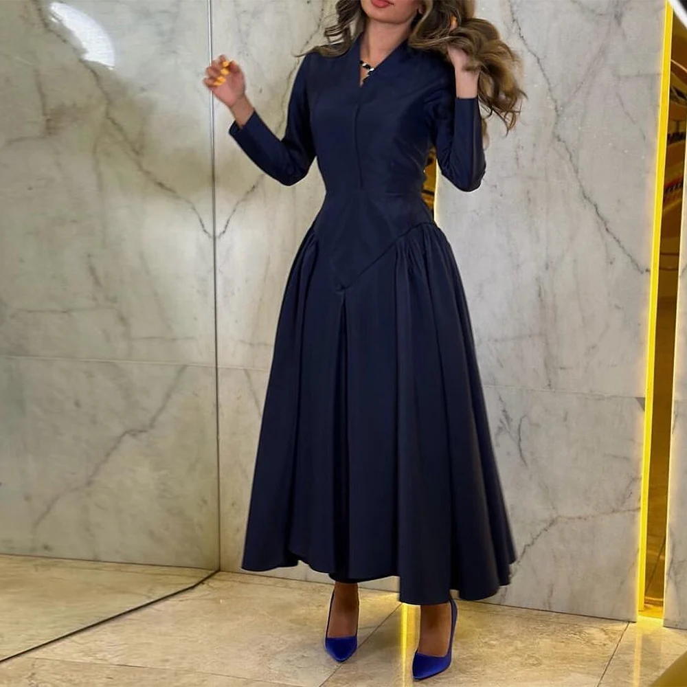 

Saudi Women's Cocktail Party Gowns Elegant Satin A-line 2025 Birthday Dress Navy Blue V-neck Ruched Clubbing Dress Midi