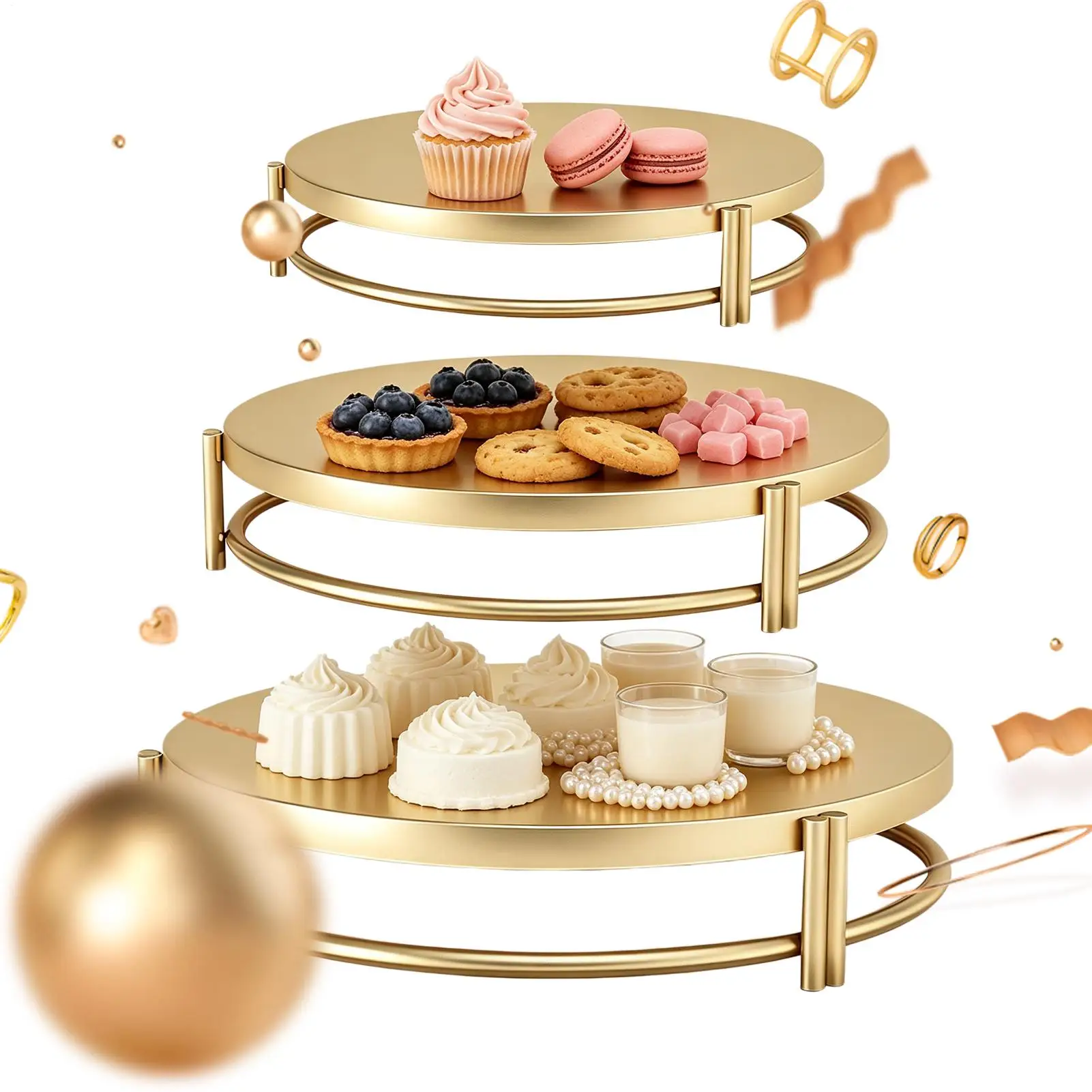 3 Piece Golden Cake Stand Metal Round Dessert Cupcake Party Tray Multifunctional Cupcake Pastry Tray For Wedding Birthday