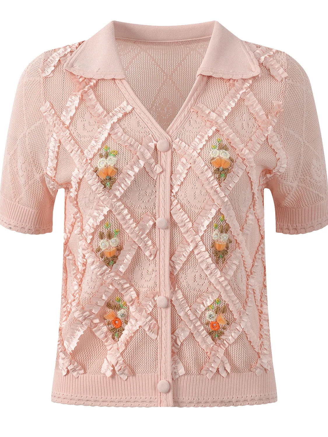 

Summer 2026 New Gentle Style Knitted Short Sleeve V-Neck Open Cardigan Top Diamond Grid Flower Bead Decoration Ice Silk Women...
