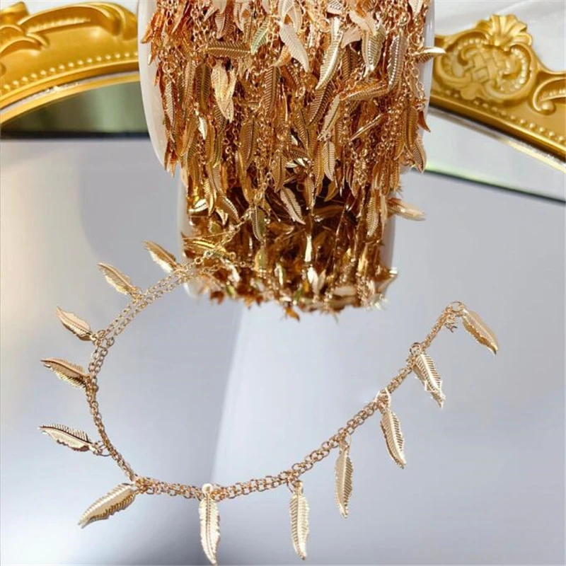 New Retro Gold Color Plated Feather Tassel Link Chains For DIY Jewelry Making No Fade Leaves Copper Chain Garment Accessories