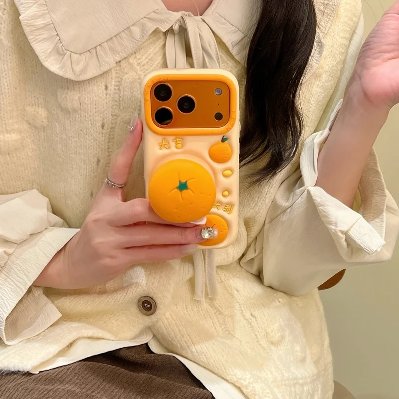 3D Fruit Orange Telescopic Bracket Case For iPhone 18 17 16 Plus 16e 15 14 13 12 Pro Max Funny Soft Silicone Stand Holder Cover