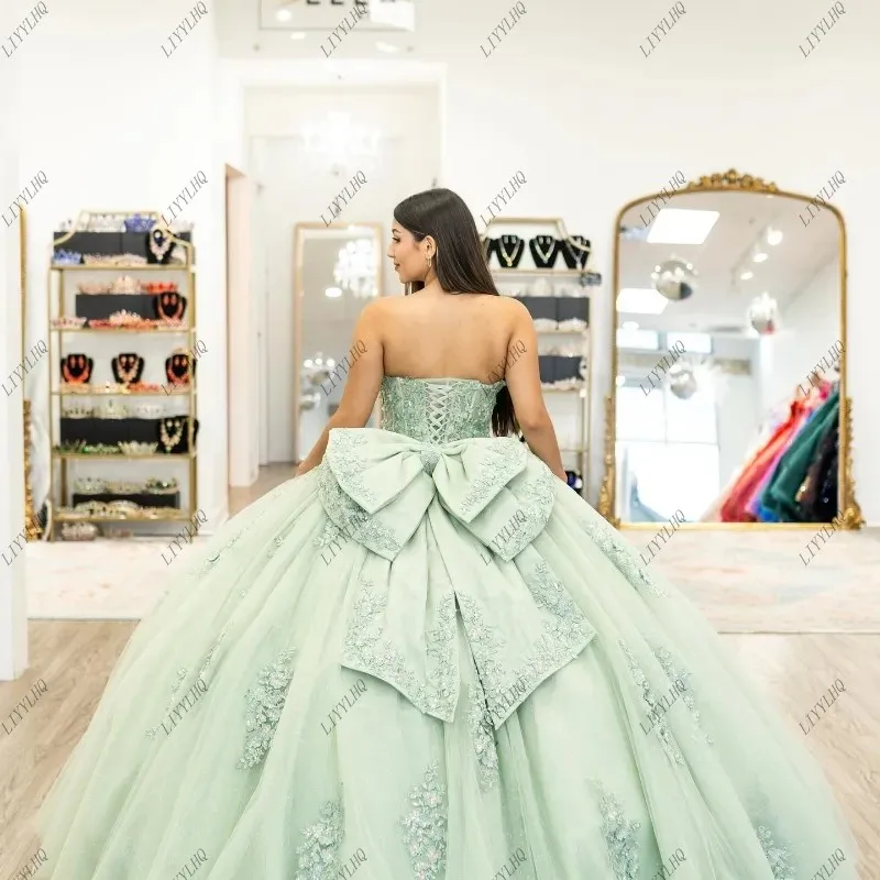 Big Bow Sage Green Sweet 16. Quinceanera Dresses Prom Gowns Off Shoulder Applique Lace Tulle Vestidos De 15 Anos Ball Gowns