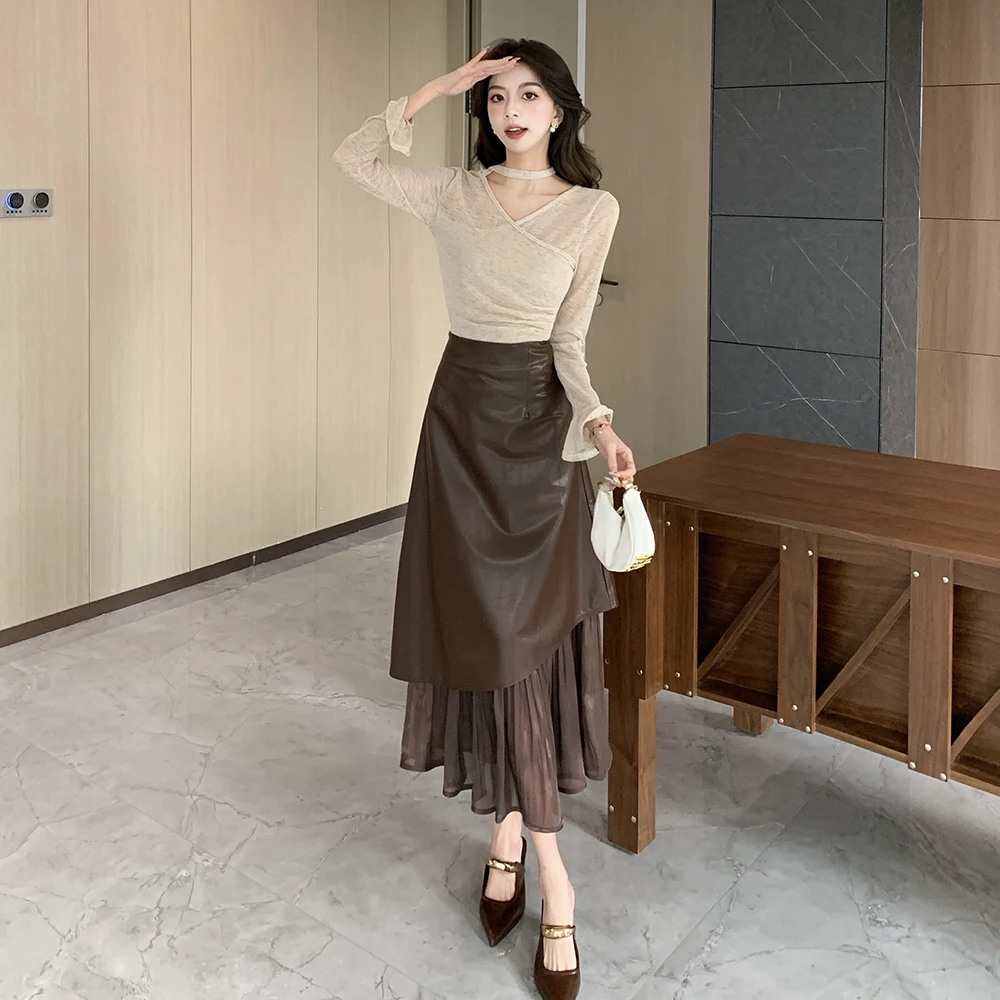 

Женская полуюбка, осень-зима 202, новая кожаная юбка средней длины с высокой талией, юбка трапециевидной формы, повседневная женская плиссированная юбка