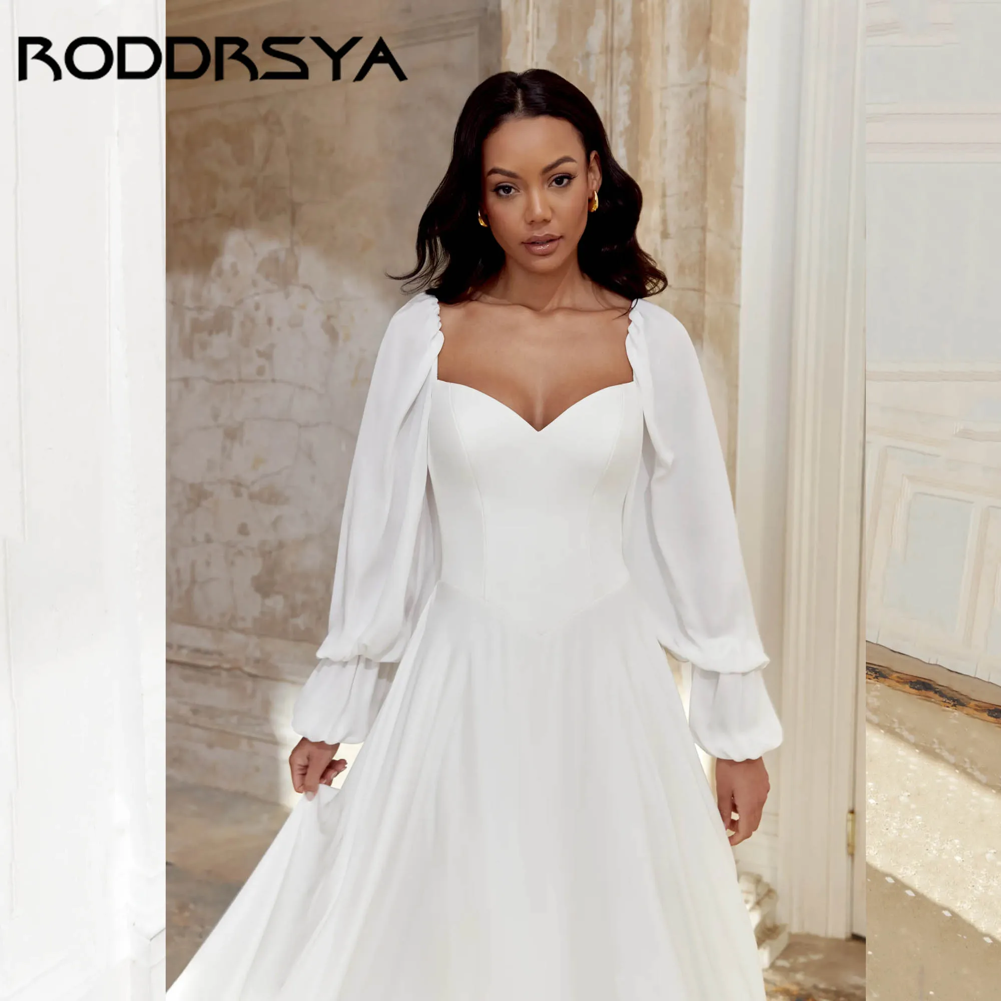 RODDRSY minimalisme en mousseline de soie a-ligne robe de mariée chérie manches longues bouffantes robe de mariée Simple dos nu robe de mariée personnalisée