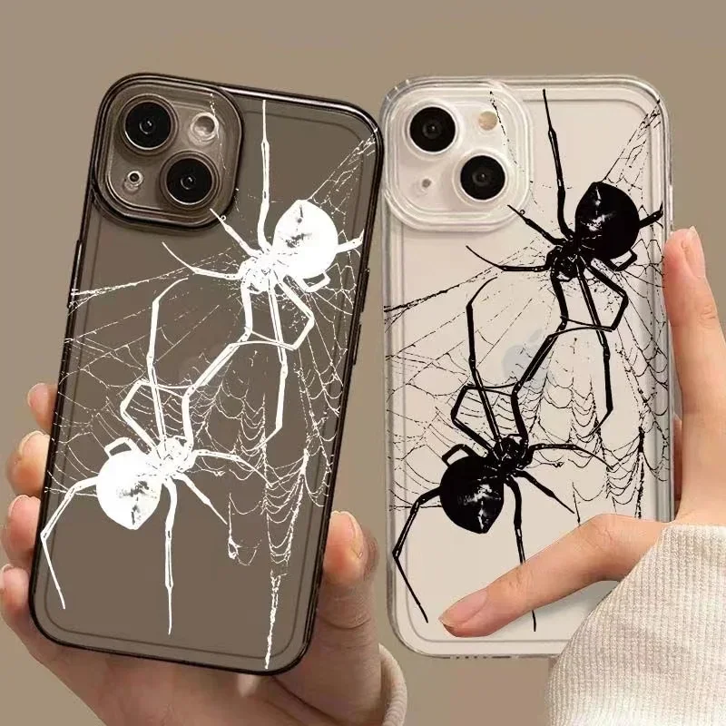 Black and white spider web transparent phone case 15 11 14 Pro Max 13 12 Mini X XS Max XR 7 8 Plus SE Shock-proof Soft Cover