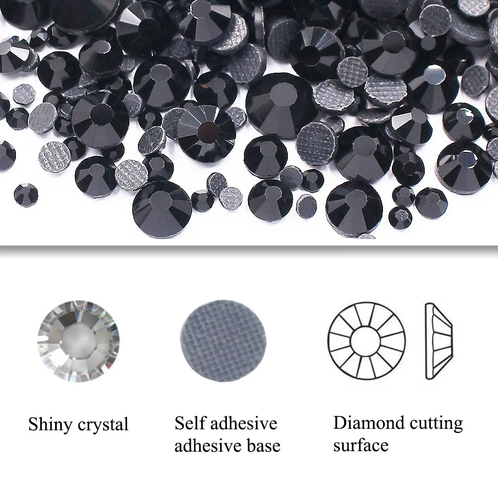 1500pcs-3000pcs Mixed Size Black Crystal Strass Glass Beads Flatback Adhesive Stones Hot Fix Rhinestones for Clothes Fabric Gems