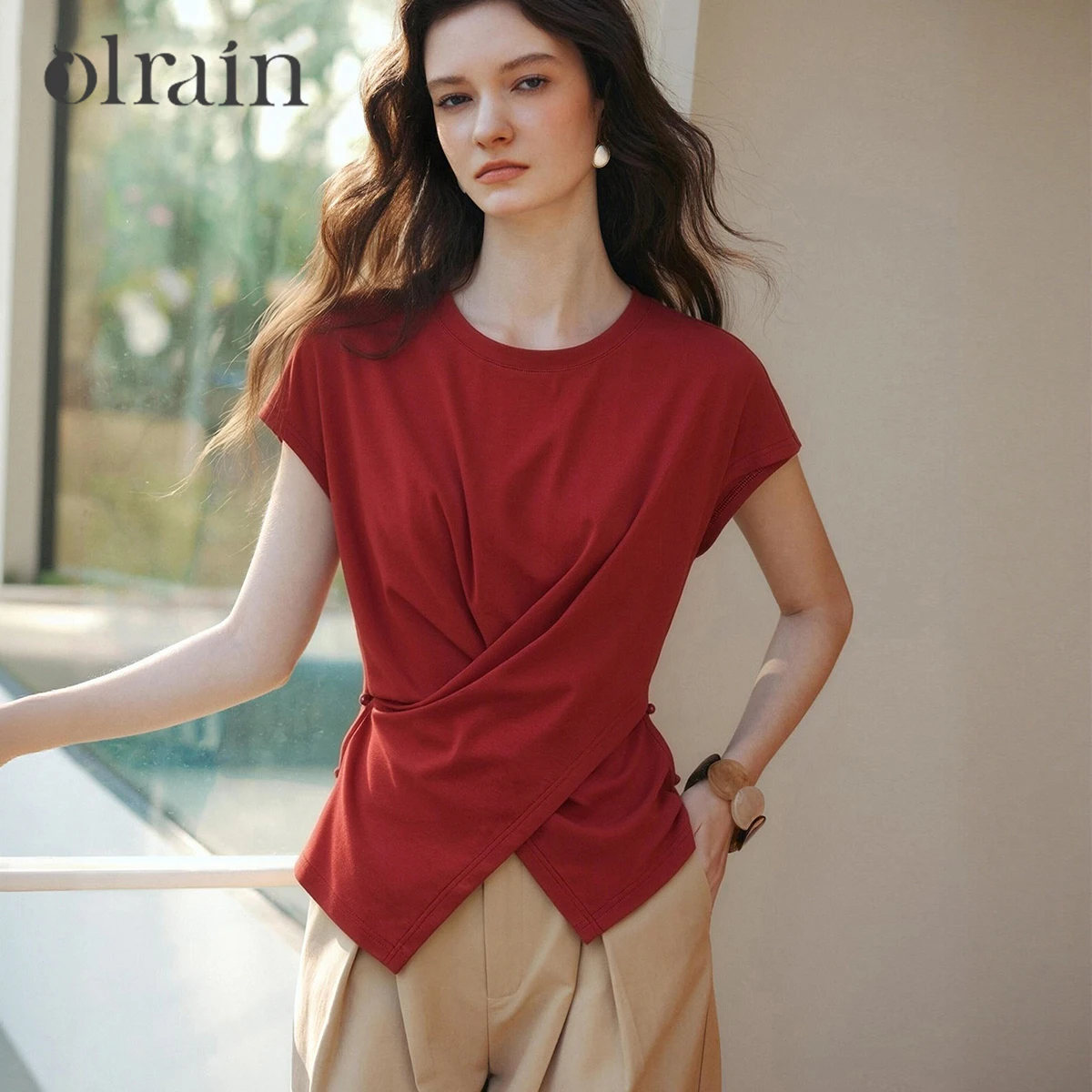 OLrain Retro Cotton Women's Top 2026 Summer Round Neck Cross Hem Waist Cinching Design Casual Short Sleeve T-shirt O58XT006298