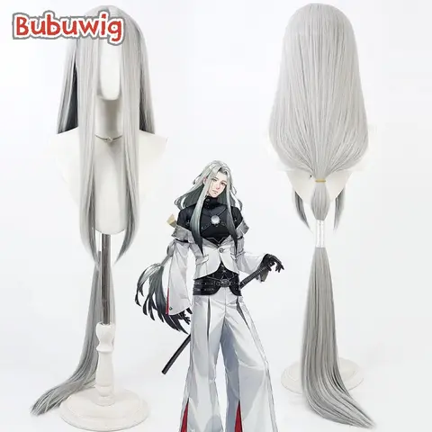 Bubuwig 합성 머리 히메츠루 이치몬지 코스프레 가발, 150cm 길이, 스트레이트 실버 화이트 혼합 그레이 코스프레 가발, 내열성