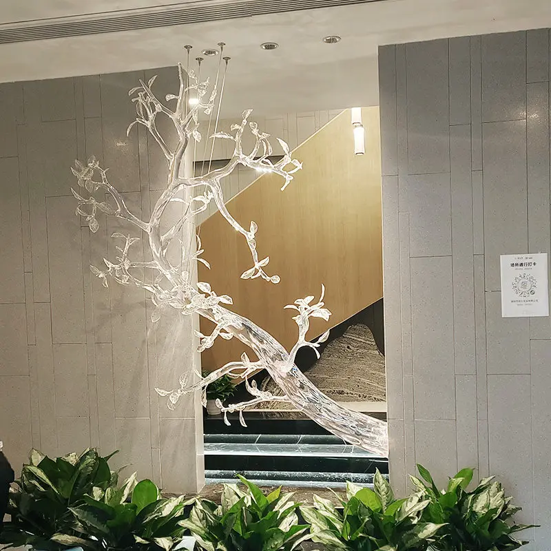 Transparent crystal branch trunk sculpture custom hotel lobby wall concave welcoming pine installation art soft decoration