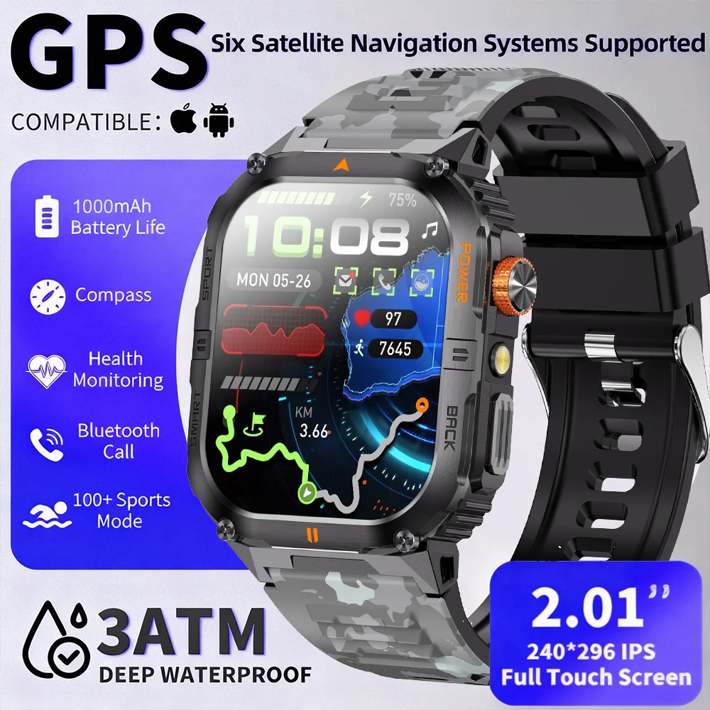 

DAORKOW 2025 NEW Military GPS Smartwatch BT Call Flashlight Wrist Watches 3ATM Waterproof Sports Smart Watch Men For IOS Android