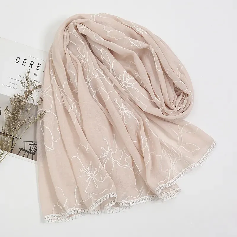 Floral Embroidery Plain Scarf Cotton Shawl For Women Muslim Hijab Elegant Windproof Head Wrap Turban Travel Beach Towel 175*75cm