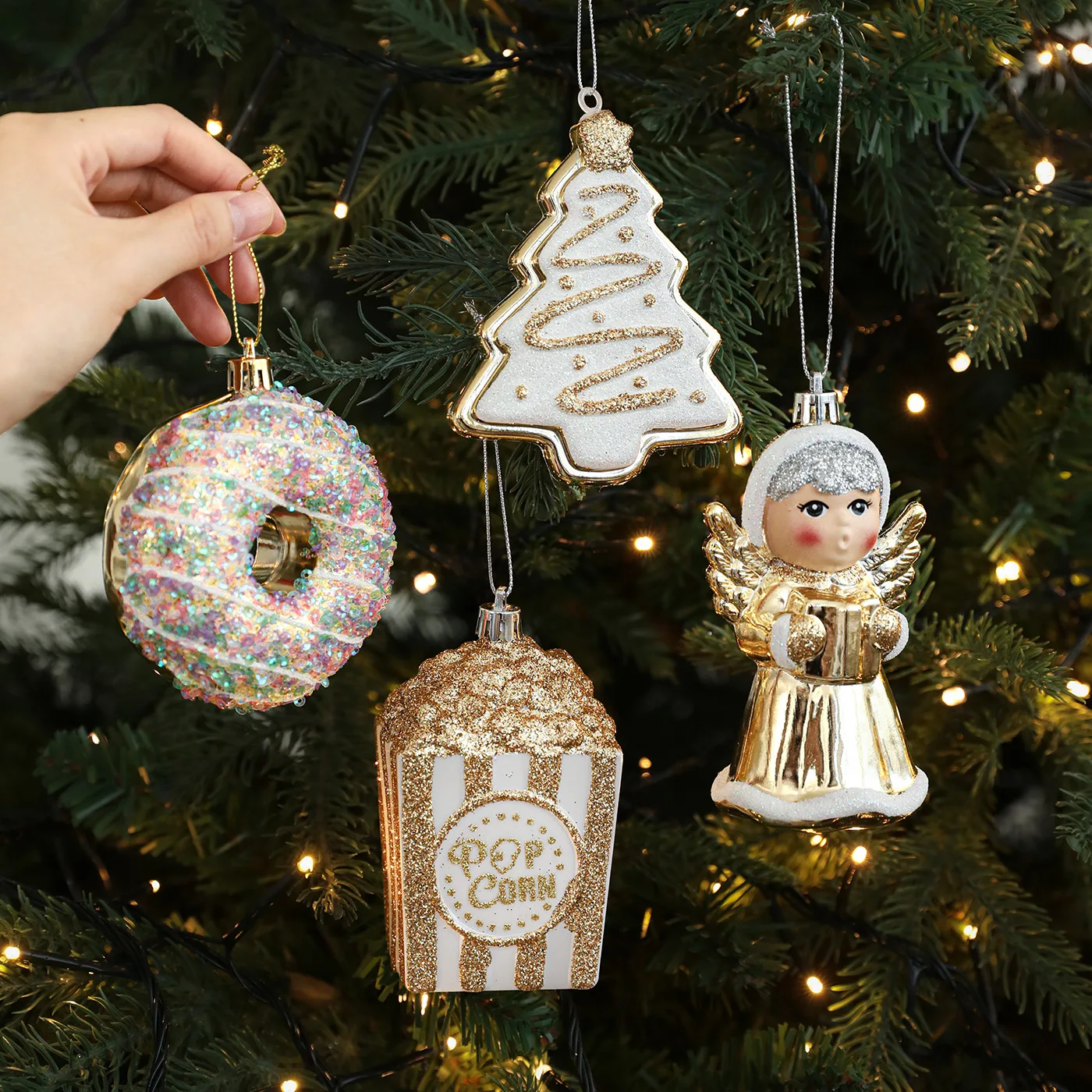 

1pcsShiny Gold Christmas Tree Pendant Cane Candy Snowman Santa Claus Hanging Ornaments Shatterproof Plastic Xmas Tree Pendant