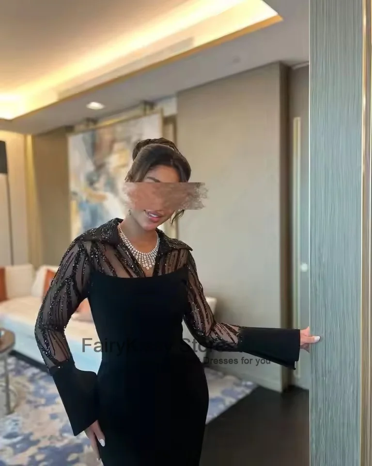 FairyKissy Charmante Meerjungfrau-Abschlussballkleider mit langen Ärmeln, V-Ausschnitt, Perlen, Pailletten, knöchellang, Partykleider, Abendkleider