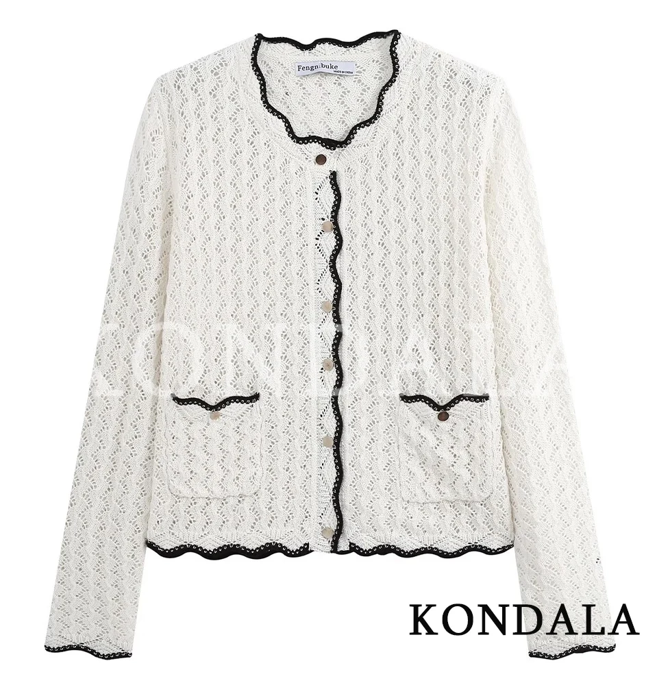 KONDALA Women Elegant Hollow Jacquard Cardigan Chic Contrast Knitted Jacket New 2026 Early Autumn/Fall Trendy Buttons Cardigan