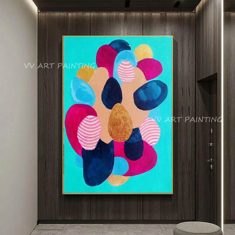 Hand Painted Colorful Abstract Oil Painting Teal Blue Pop Art Gold Foil Texture Canvas Wall Art for Kids Room Modern Home Decor