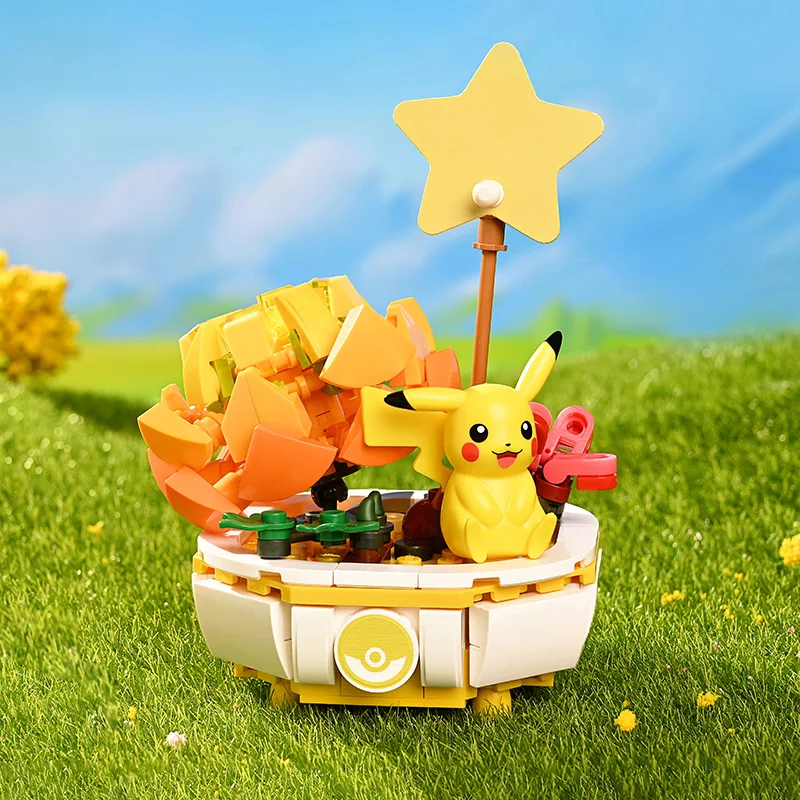 Pokémon Pikachu Building Block, Charmander, Squirtle Model Toy, Decoração do lar, Planta Potted Flower Brick, Presente da criança, Menina, Novo