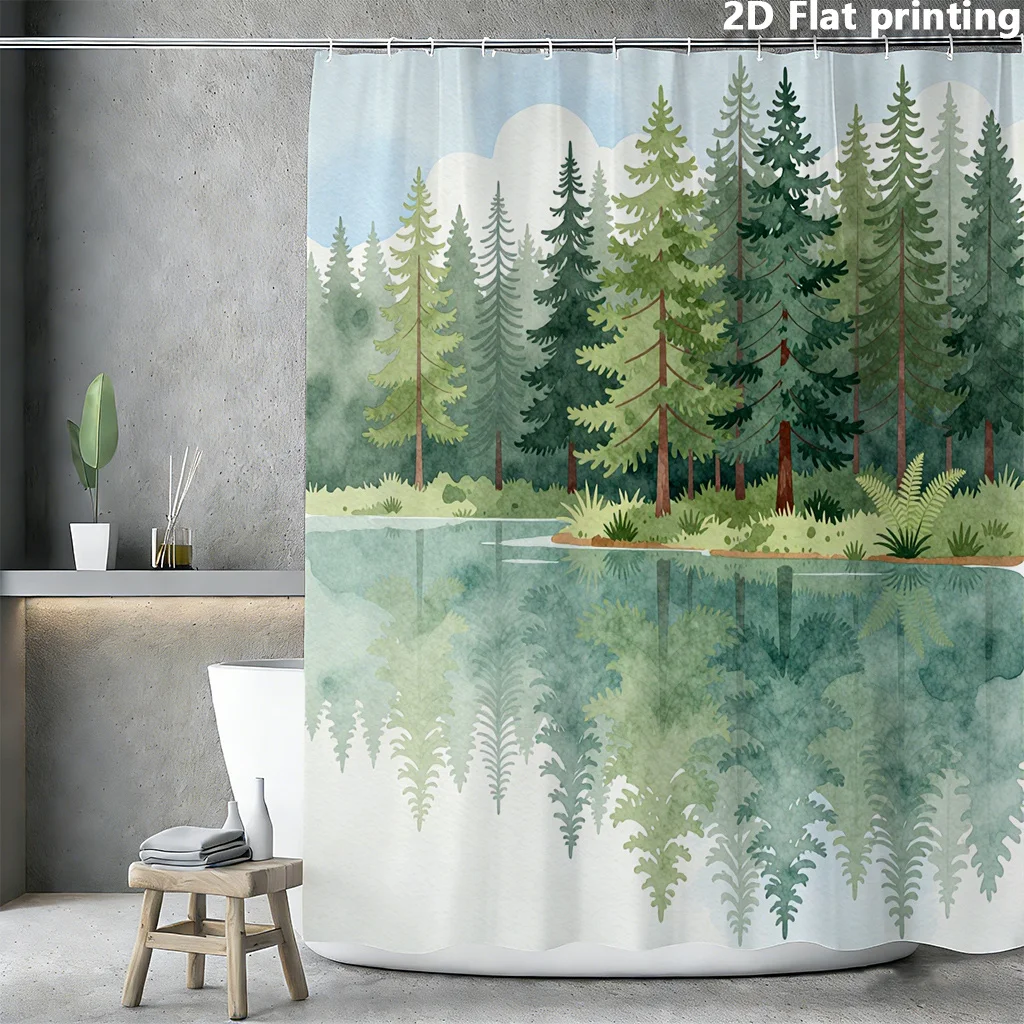 

Watercolor Forest Lake Shower Curtain 1pc Polyester 2D Flat Print 70.8x70.8" Pine Trees & Reflections on Misty Green Background