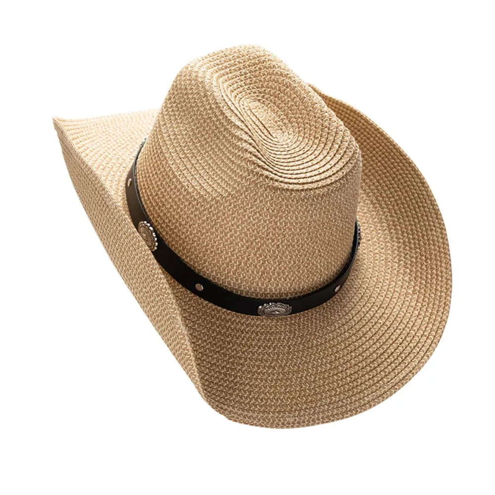 

Gentleman Solid Color Western Cowboy Hat PU Leather Belt Wide Brim Cowgirl Hat Sunscreen Ethnic Style Straw Sun Hat Male