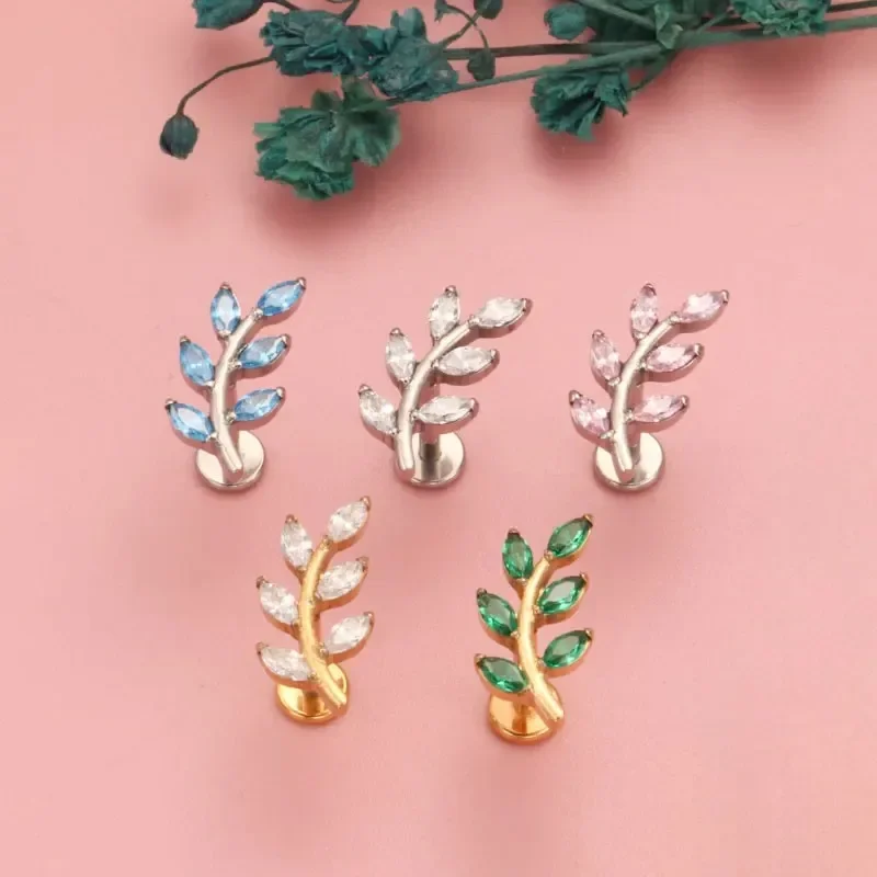 1Pc G23 Titanium Cartilage Earrings Lip Labret Stud Leaf Zircon Helix flower Cz Ear Tragus Piercing with Inner Threaded Jewelry