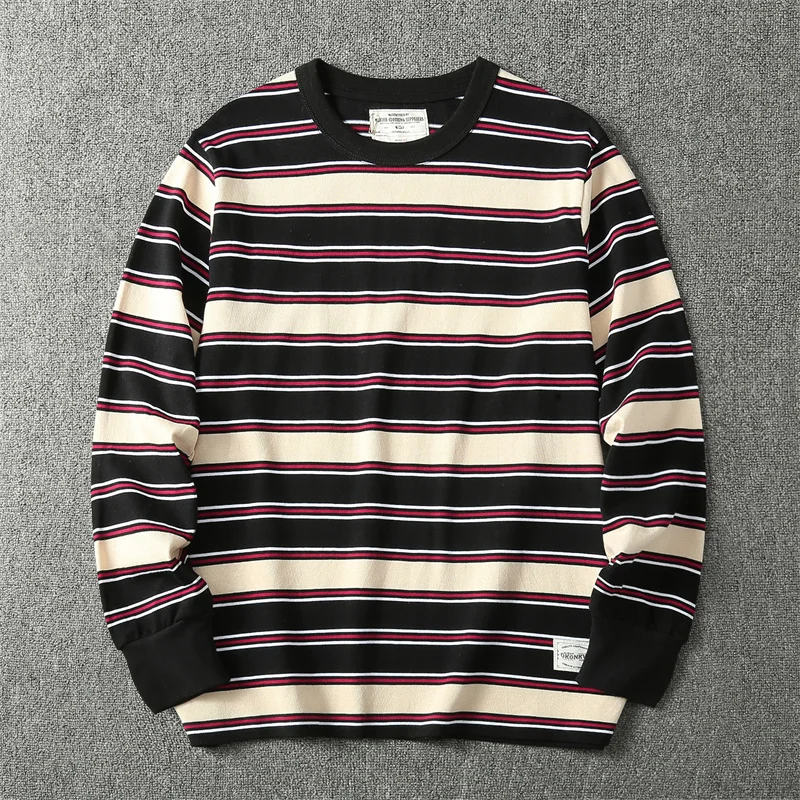 2023 Autumn New Japanese Retro Men's  Striped High Quality Long Sleeve Cotton T-shirt Loose Casual Fashion Undercoating