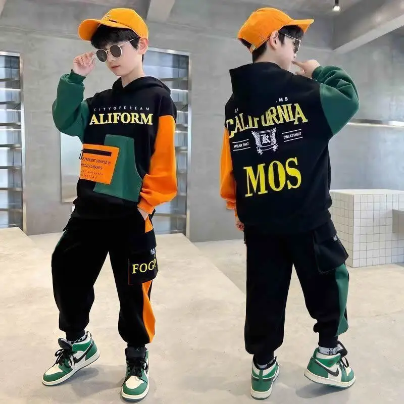 2024 autumn winter Boys Tracksuit Children patchwork letter sweatshirts hooded + ankle tied Pants Suit Clothes Set 8 10 12 Year