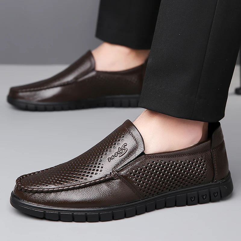 Men's Summer Hollow Out Breathable Slip-On Loafers Comfort Soft Sole Casual Leather Shoes-8823-1