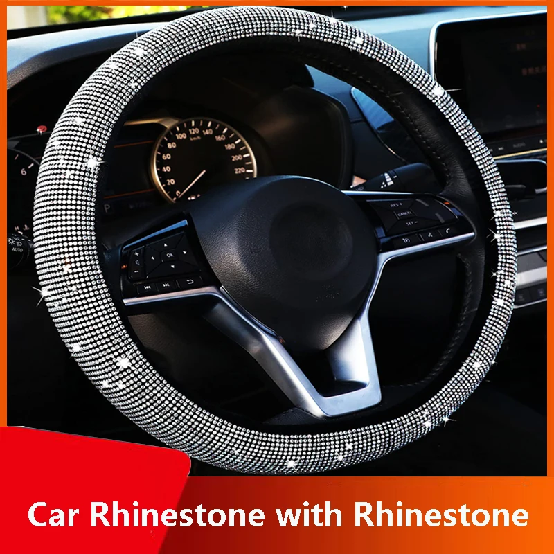 Car diamond-encrusted steering wheel cover, no inner ring, fully studded with rhinestones for the car, featuring mesh and hot‑se
