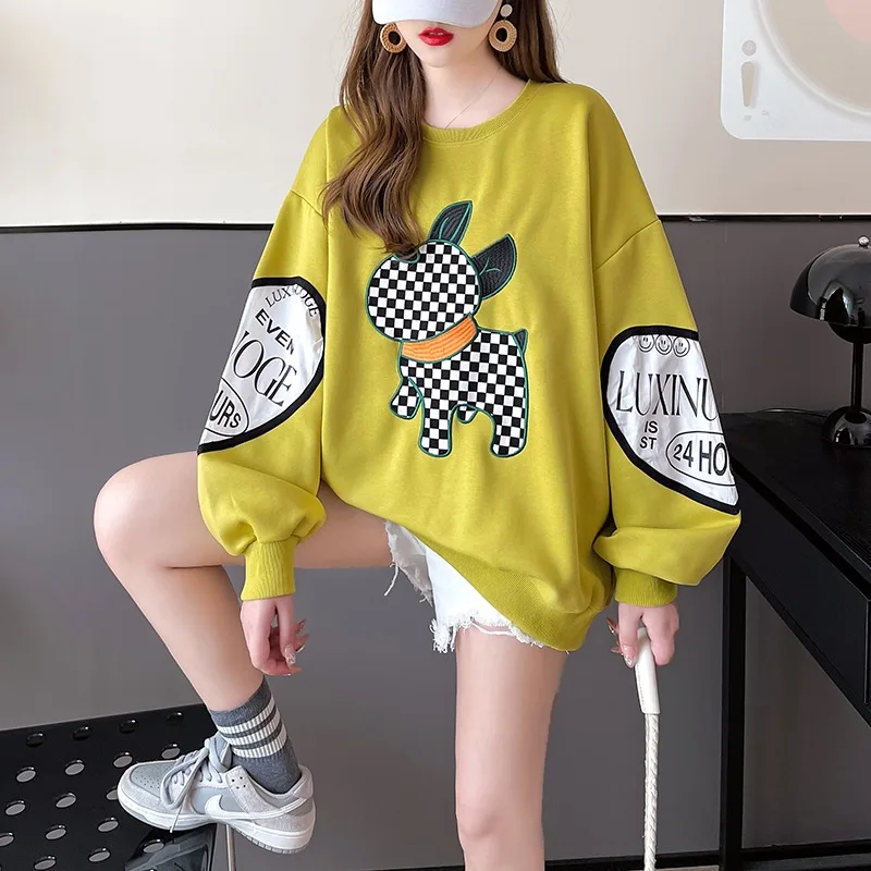 2024 Korean Style Checkerboard Versatile Casual Harajuku Loose Embroidery Contrasting Color Autumn New Sweatshirt