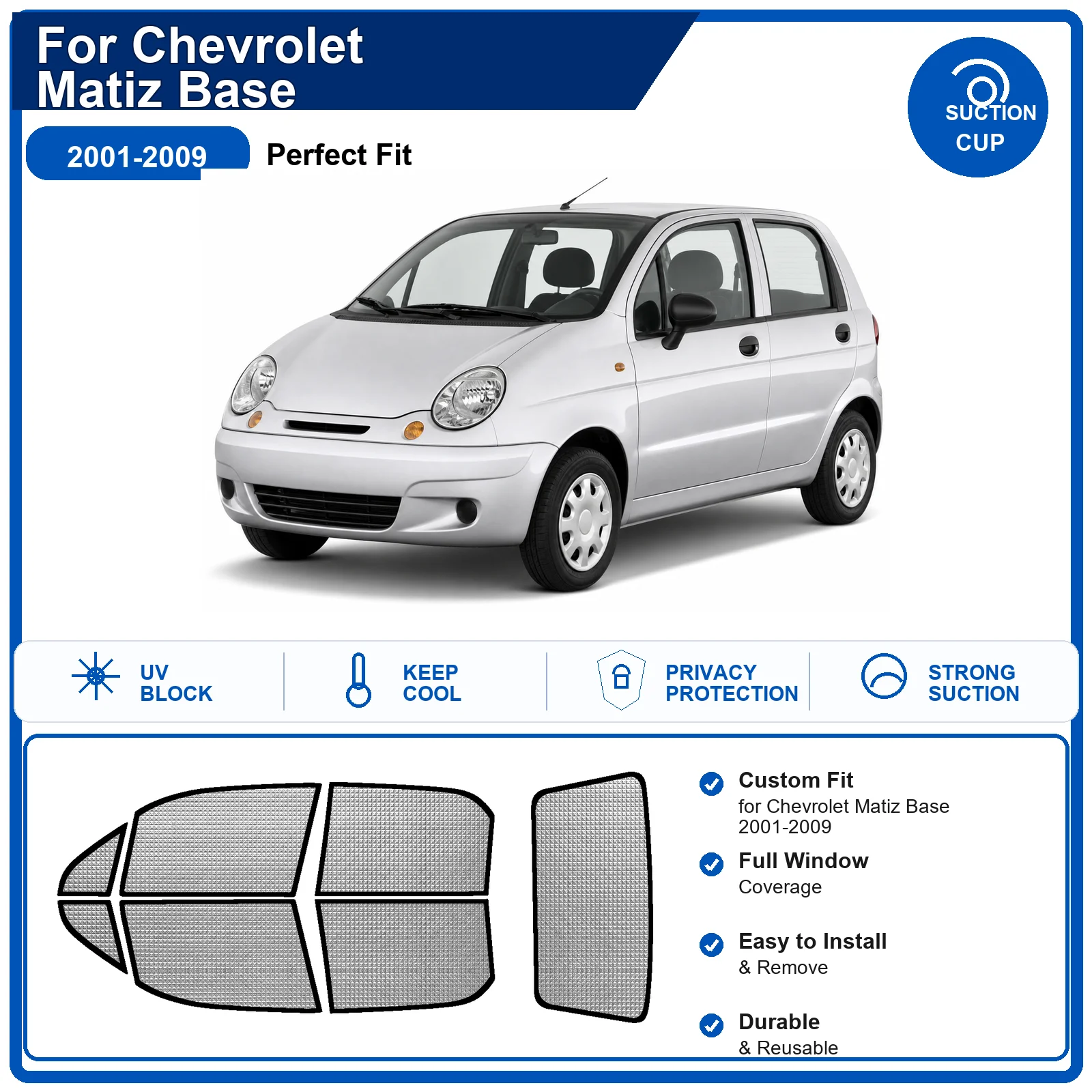 For Chevrolet Matiz Base 2001-2009 Custom Full Set Windshield Sun Shade Aluminum Foil Heat Insulation Anti UV Foldable