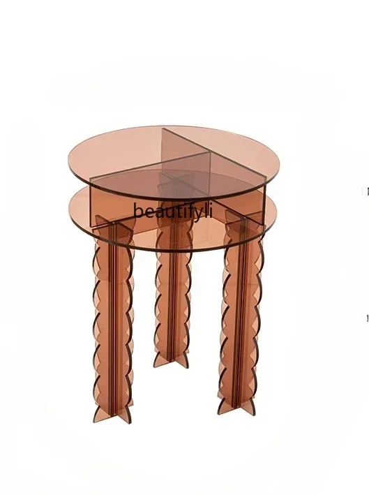

Gray square light luxury transparent acrylic creative double-layer corner table household storage round small coffee table