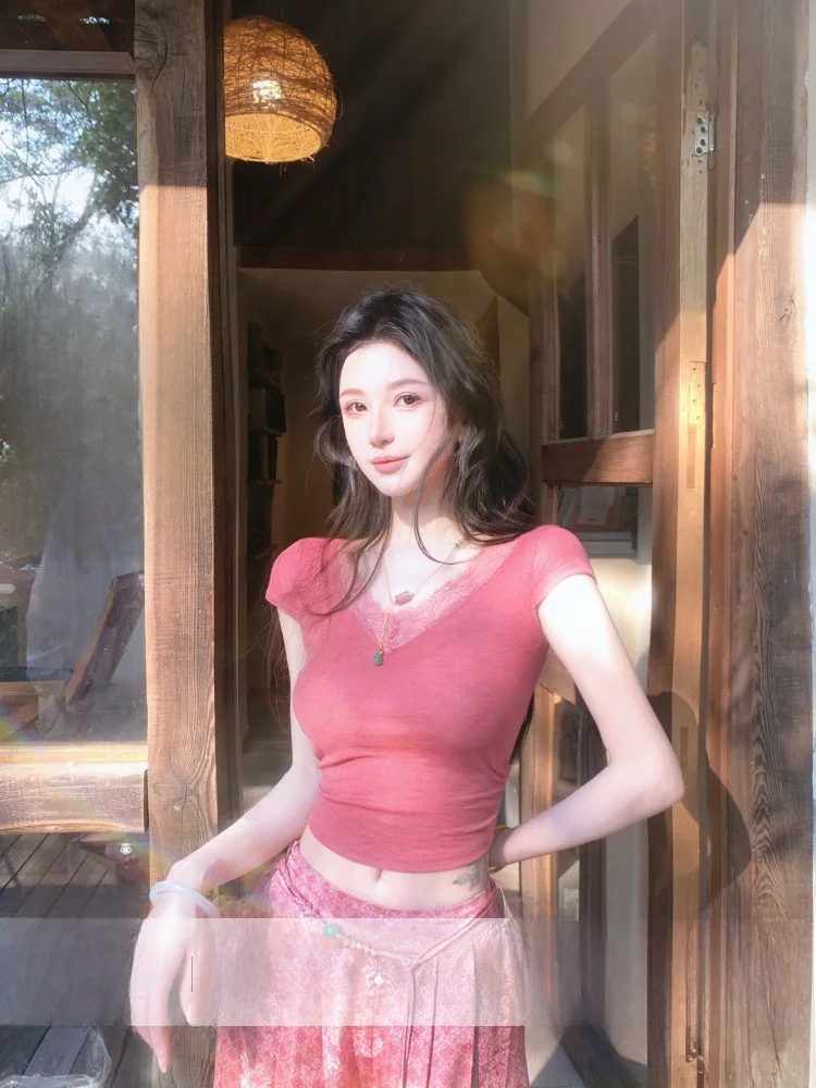 

MOSS STUDIO Summer New Chinese Sle Lace Splicing Knitted ort Sve Top Women's Ele Simple V-ne Moisture-ng T-...