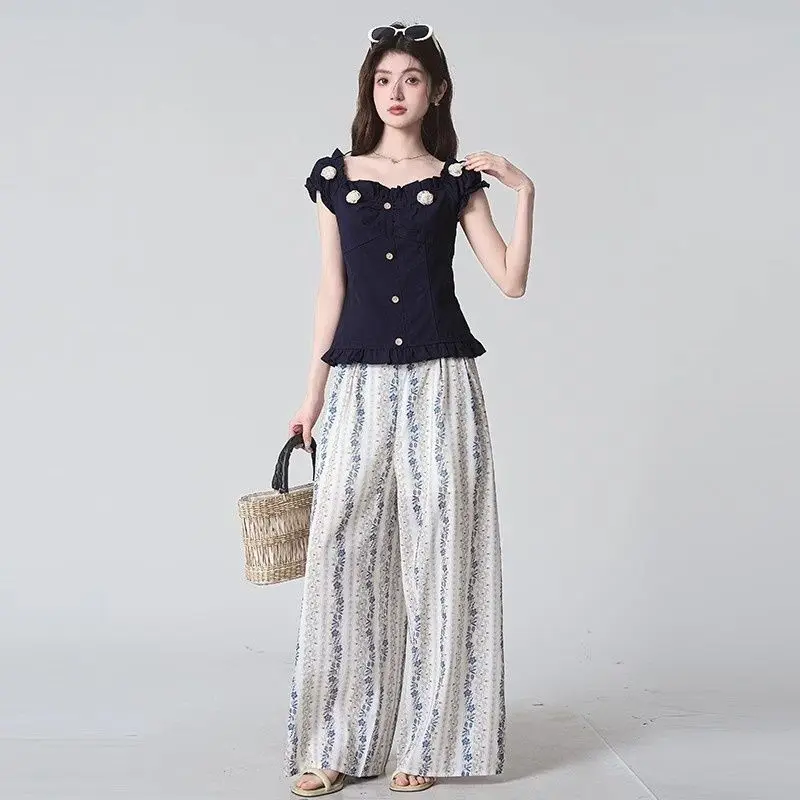 Petit haut coréen pour femmes, coupe cintrée, polyvalent, mode tempérament, Style de vacances, imprimé Floral bleu, été 2025